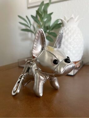 French Bulldog Leather Bag Charm Keychain Silver